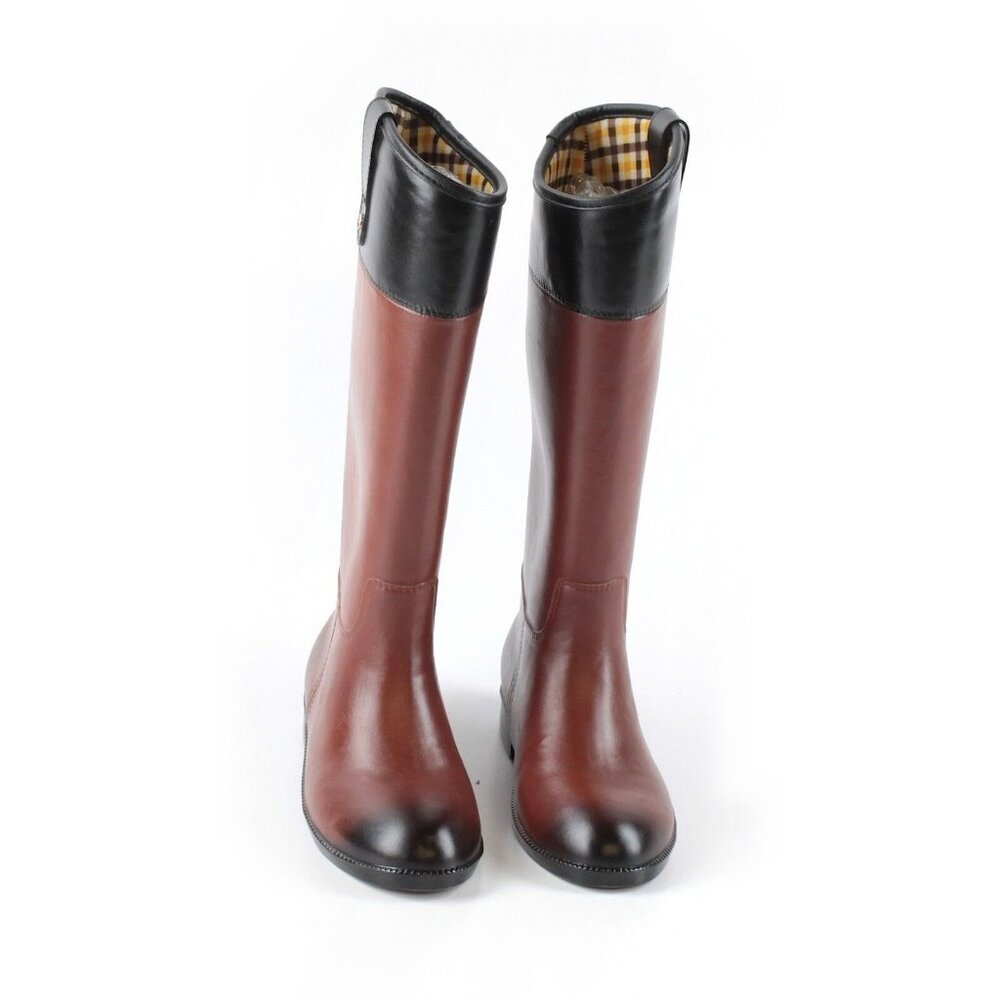 Women LRL Ralph Lauren Black Brown Tall Riding Equestrian Rubber Rain Boot Sz 5 - Picture 2 of 2